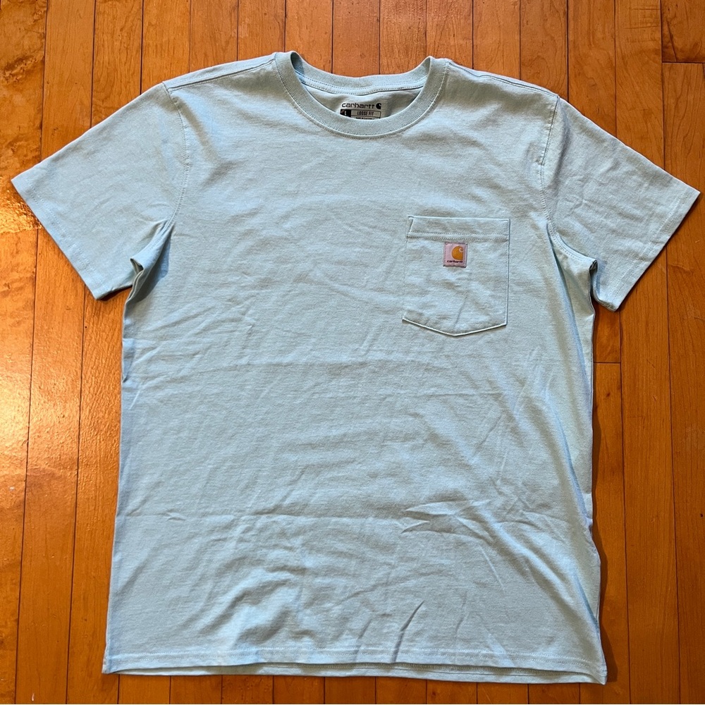 Carhartt Mens Loose Fit Pocket T Shirt Size L Crew Neck Light Blue Workwear Logo